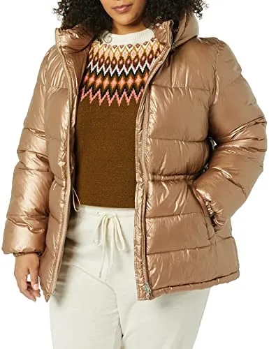 Amazon Essentials Women's Heavyweight Puffer Jacket with Drawstring Waist, Metallic Taupe, Medium