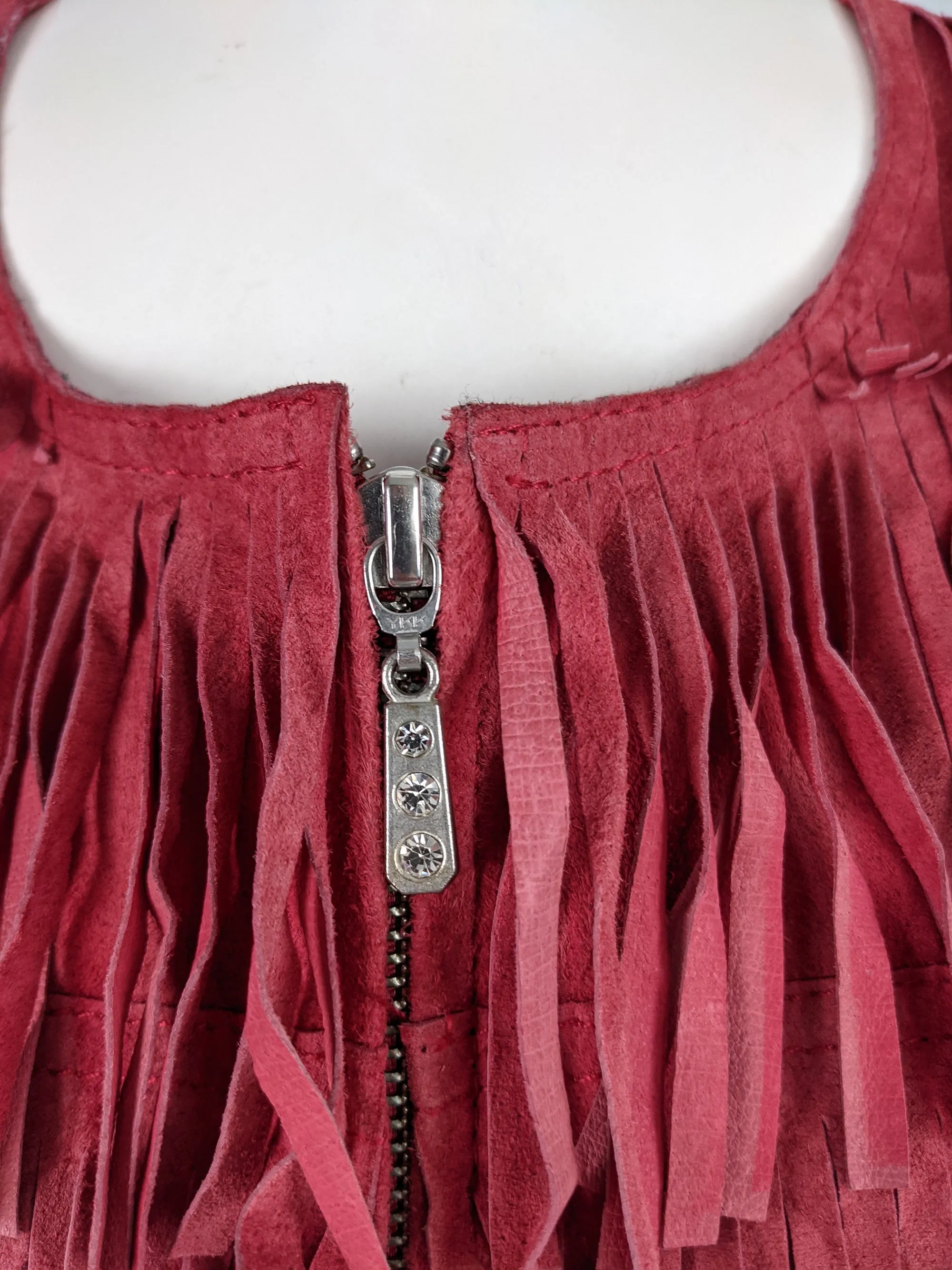 Berek Vintage Red Suede Fringed Sleeveless Jacket, 1990s