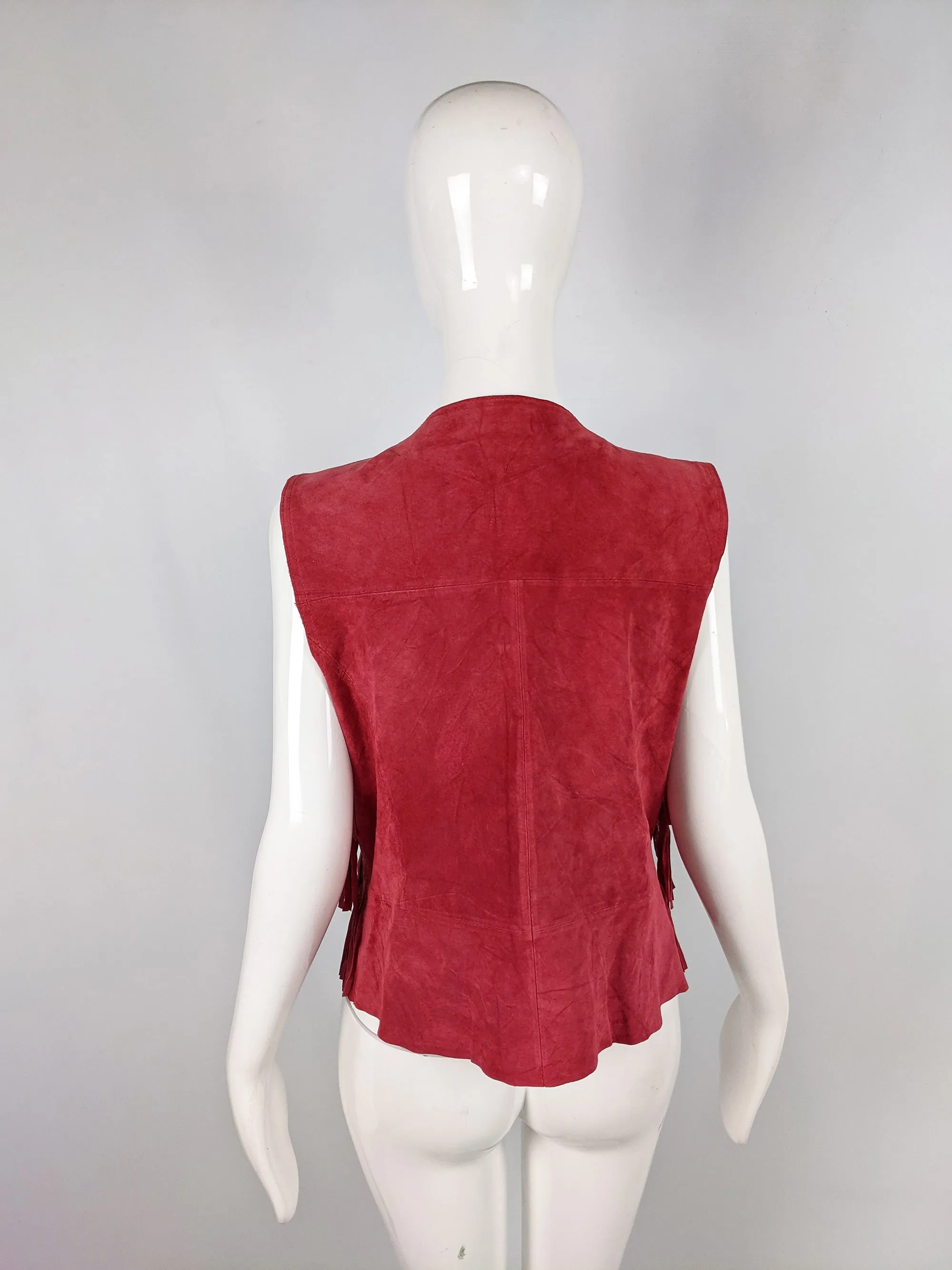 Berek Vintage Red Suede Fringed Sleeveless Jacket, 1990s