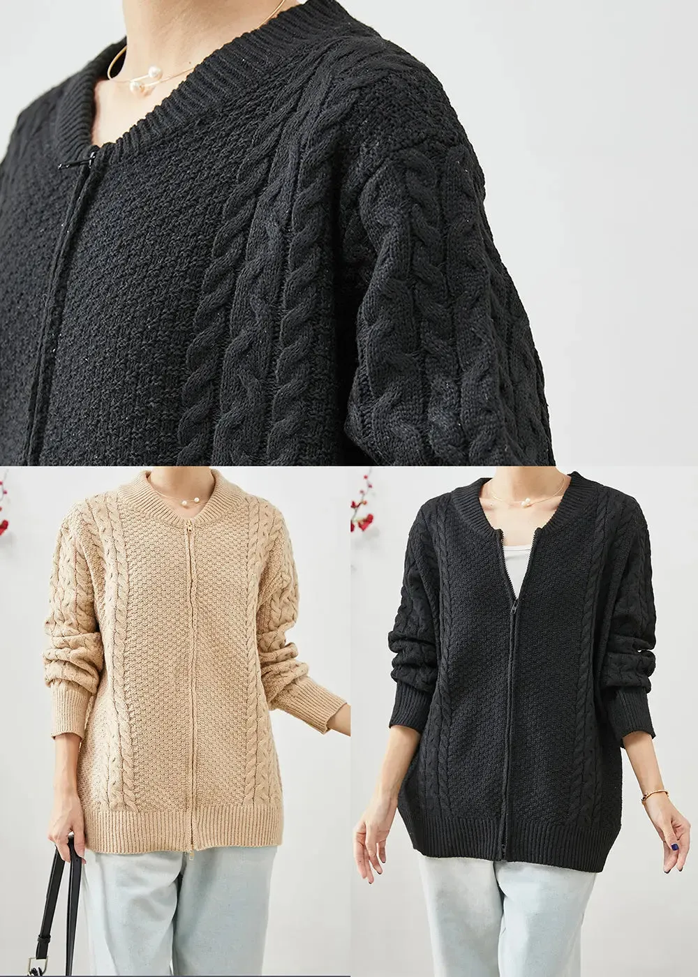 Black Oversized Warm Cable Knit Coats Zip Up Fall ML3249