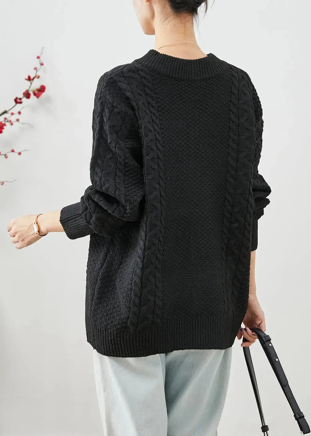 Black Oversized Warm Cable Knit Coats Zip Up Fall ML3249