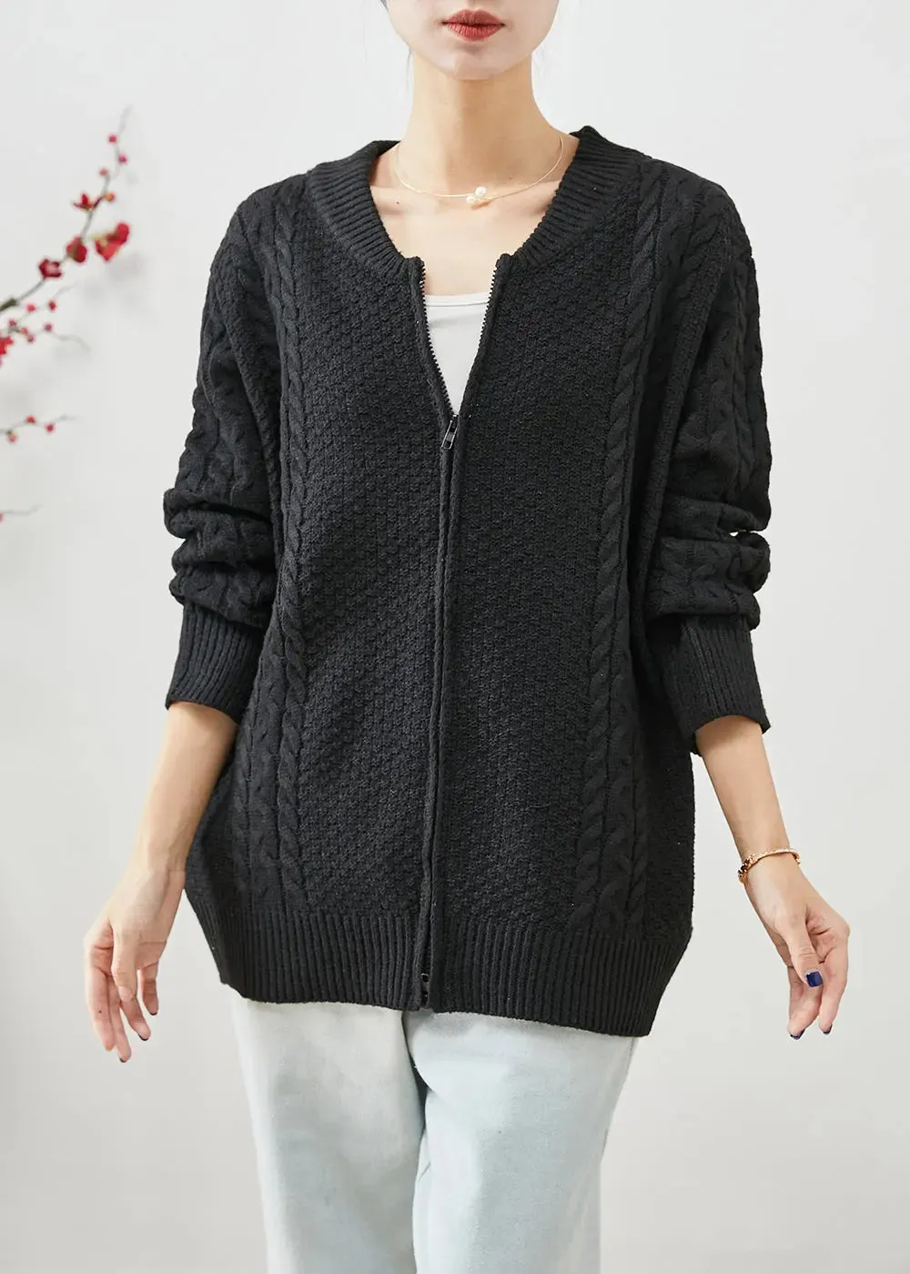 Black Oversized Warm Cable Knit Coats Zip Up Fall ML3249