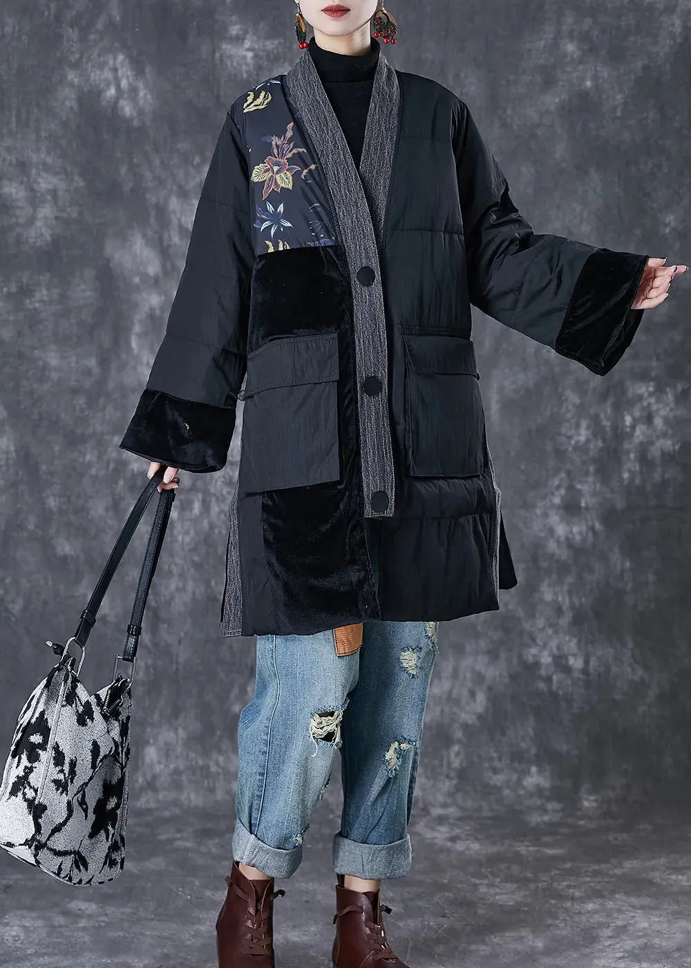 Black Patchwork Thick Fine Cotton Filled Parkas Oversized Pockets Winter ML2971