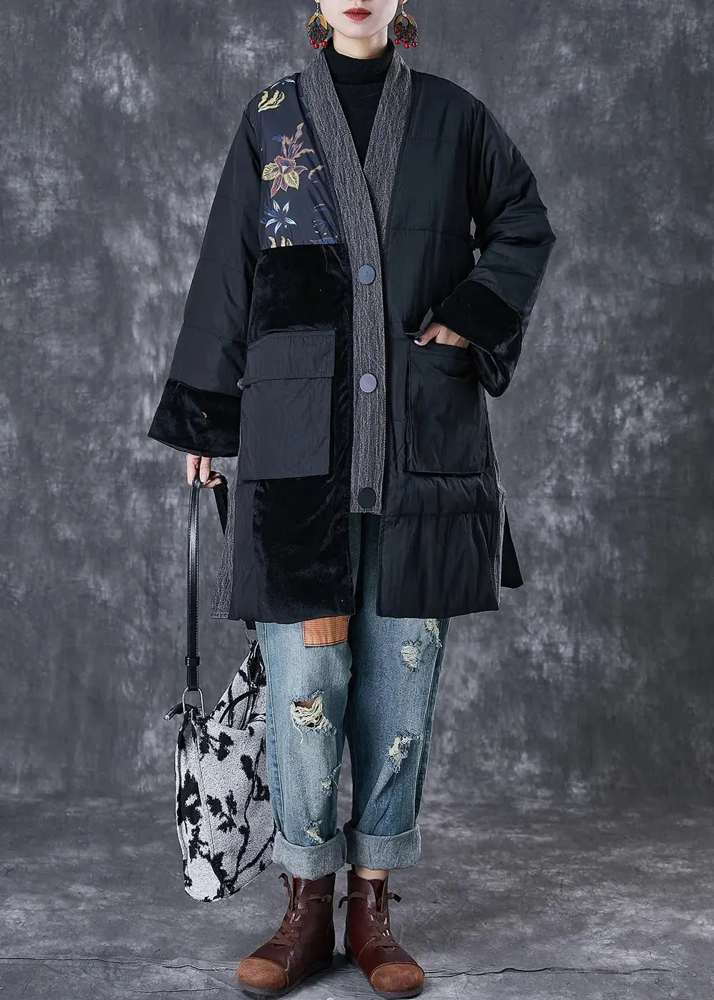 Black Patchwork Thick Fine Cotton Filled Parkas Oversized Pockets Winter ML2971