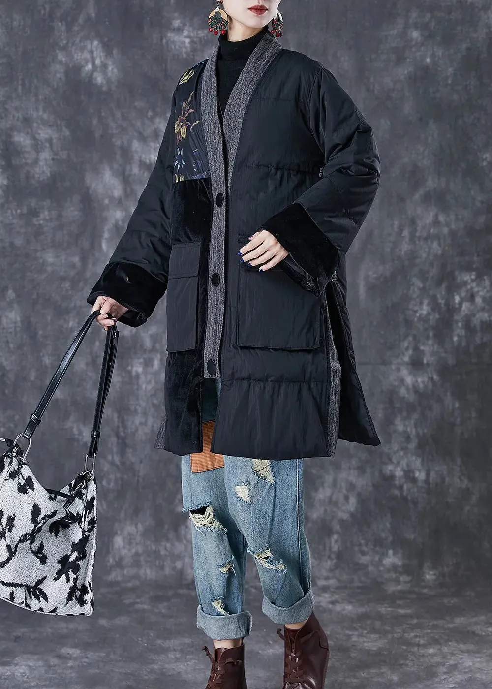 Black Patchwork Thick Fine Cotton Filled Parkas Oversized Pockets Winter ML2971