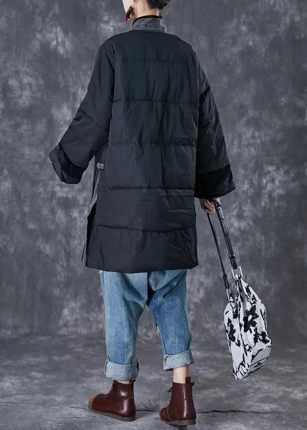 Black Patchwork Thick Fine Cotton Filled Parkas Oversized Pockets Winter ML2971