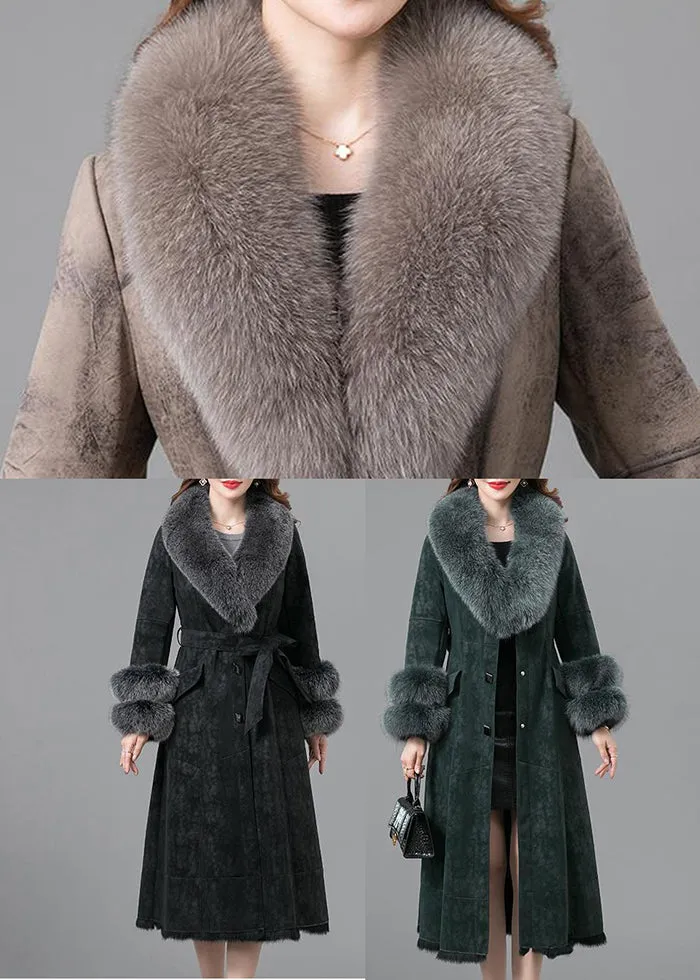 Black Warm Faux Rabbit Leather And Fur Coats Fox Collar Tie Waist Winter LY9385