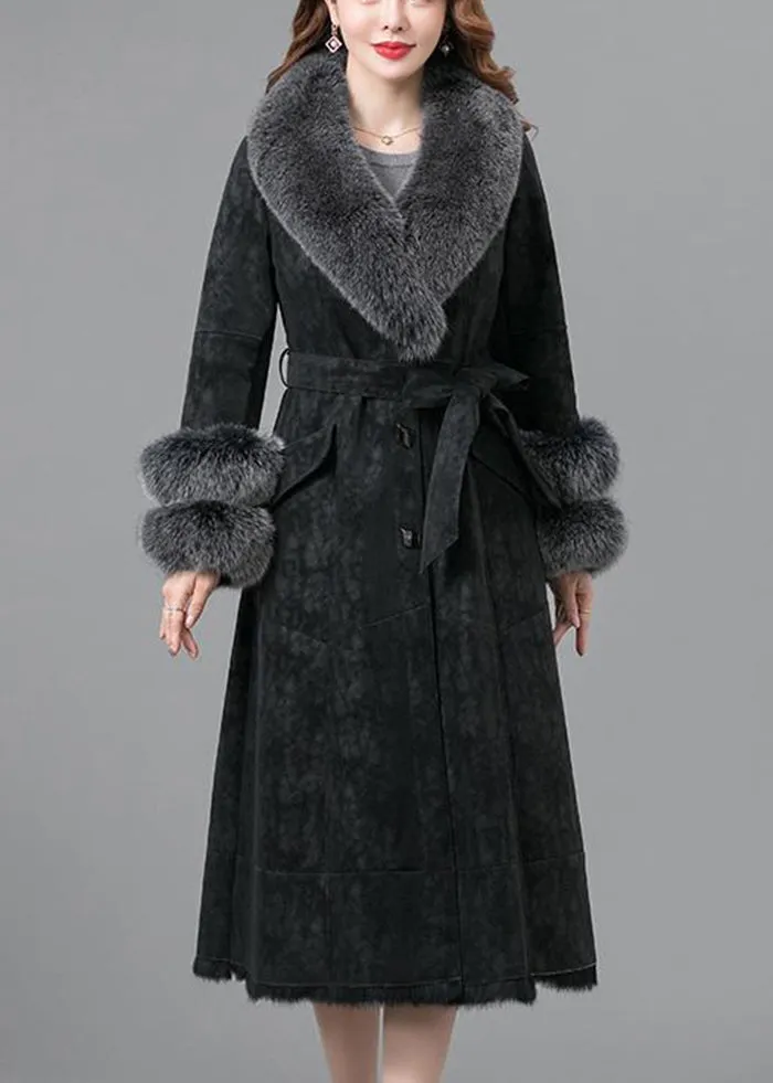 Black Warm Faux Rabbit Leather And Fur Coats Fox Collar Tie Waist Winter LY9385