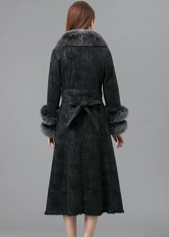 Black Warm Faux Rabbit Leather And Fur Coats Fox Collar Tie Waist Winter LY9385