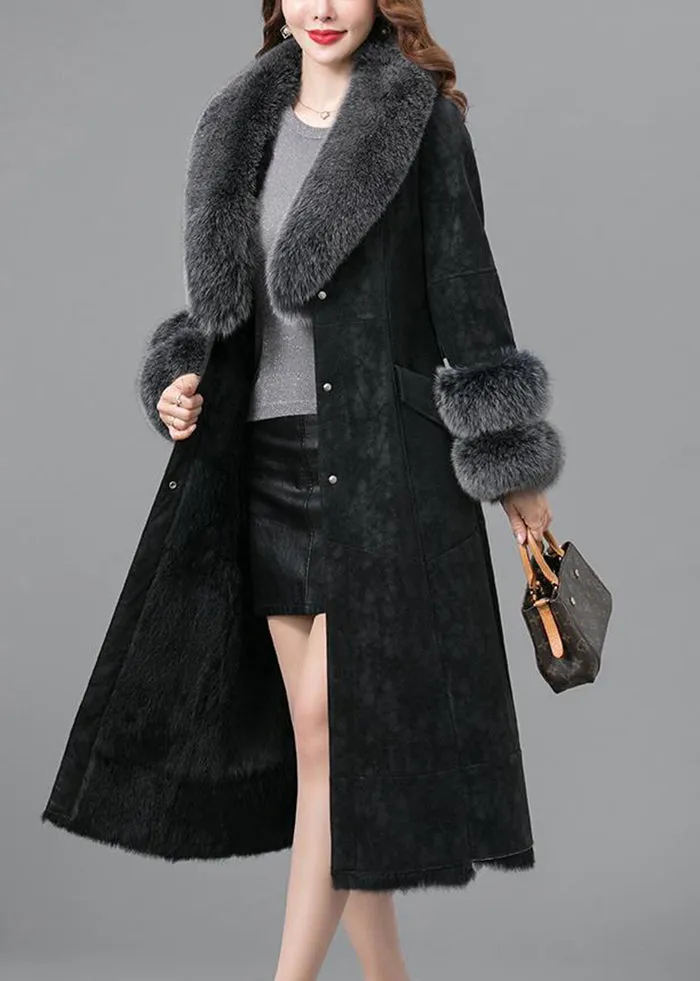 Black Warm Faux Rabbit Leather And Fur Coats Fox Collar Tie Waist Winter LY9385