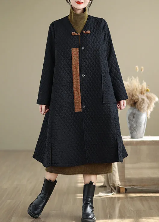 Chinese Style Black V Neck Pockets Fine Cotton Filled Winter Coats RU018