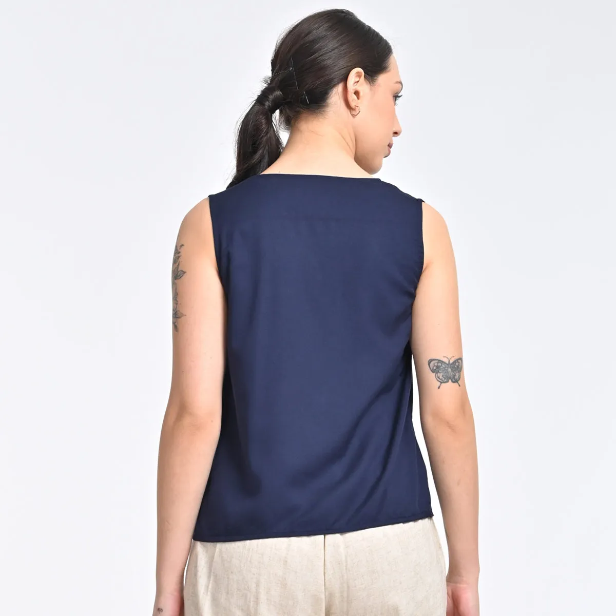 Cotton Tencel V Neck Top | Indigo Blue