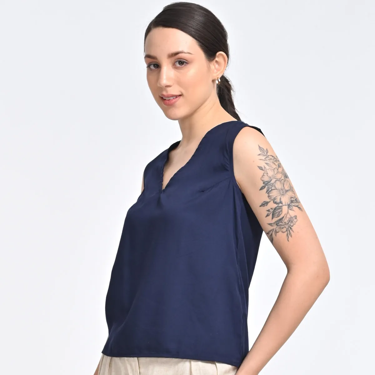 Cotton Tencel V Neck Top | Indigo Blue