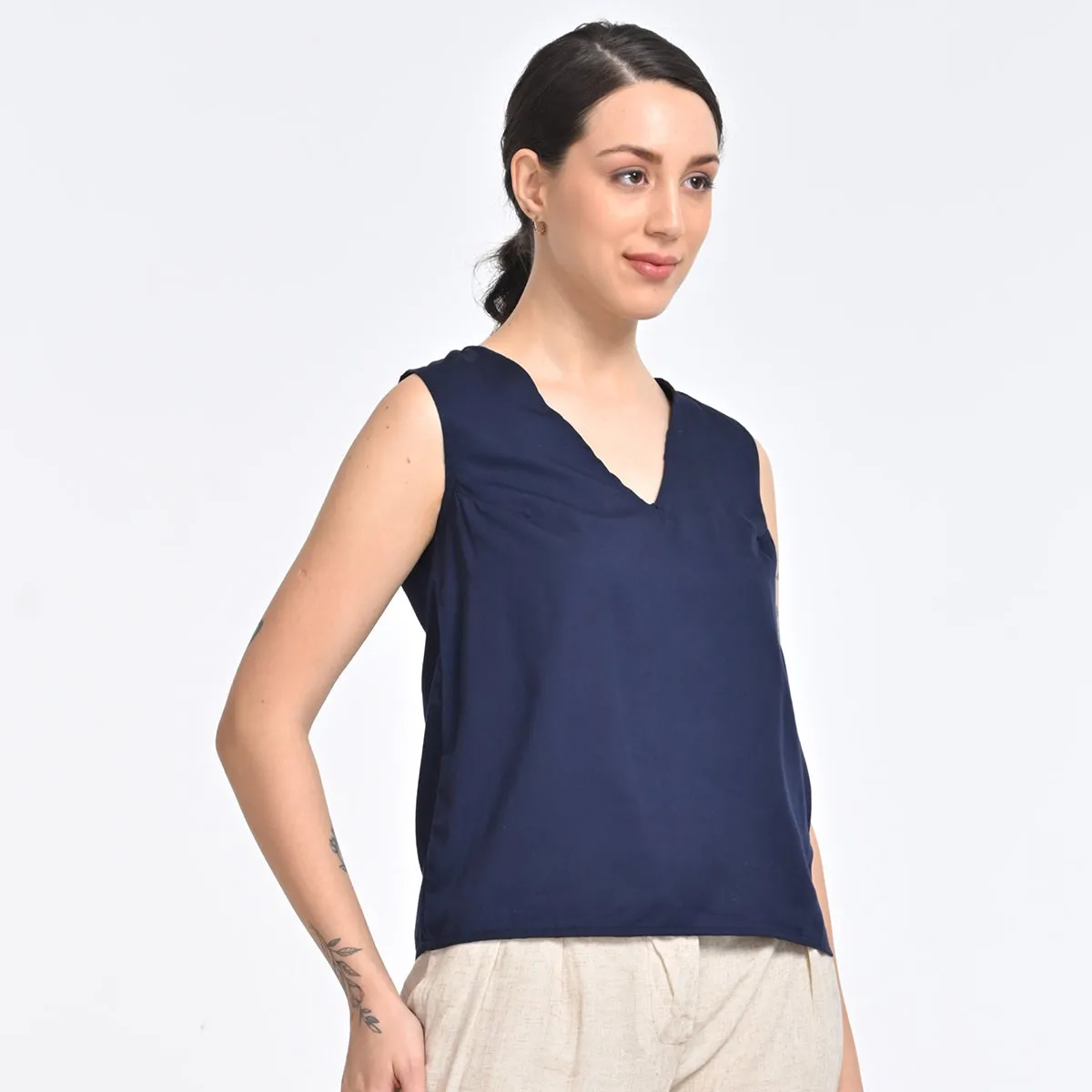 Cotton Tencel V Neck Top | Indigo Blue