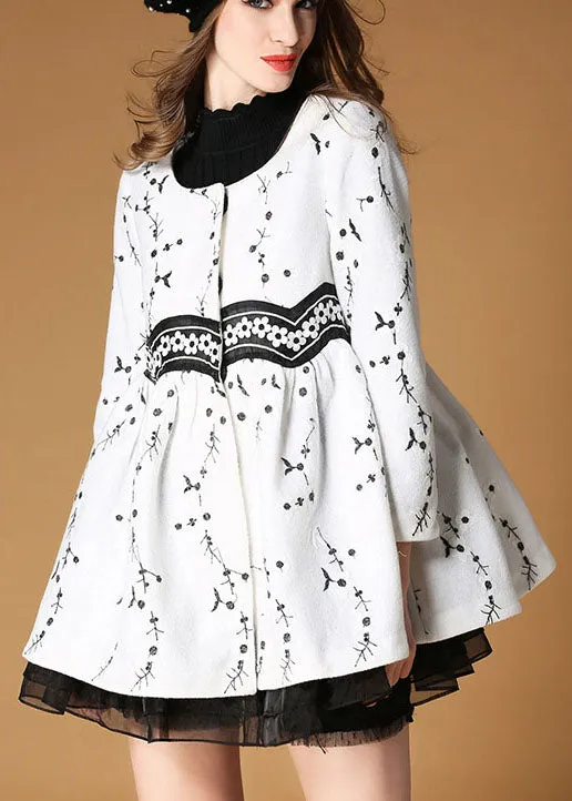 Elegant White Embroideried Patchwork Print Fall Woolen Coats