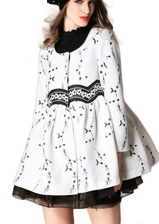 Elegant White Embroideried Patchwork Print Fall Woolen Coats