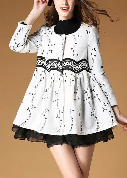 Elegant White Embroideried Patchwork Print Fall Woolen Coats