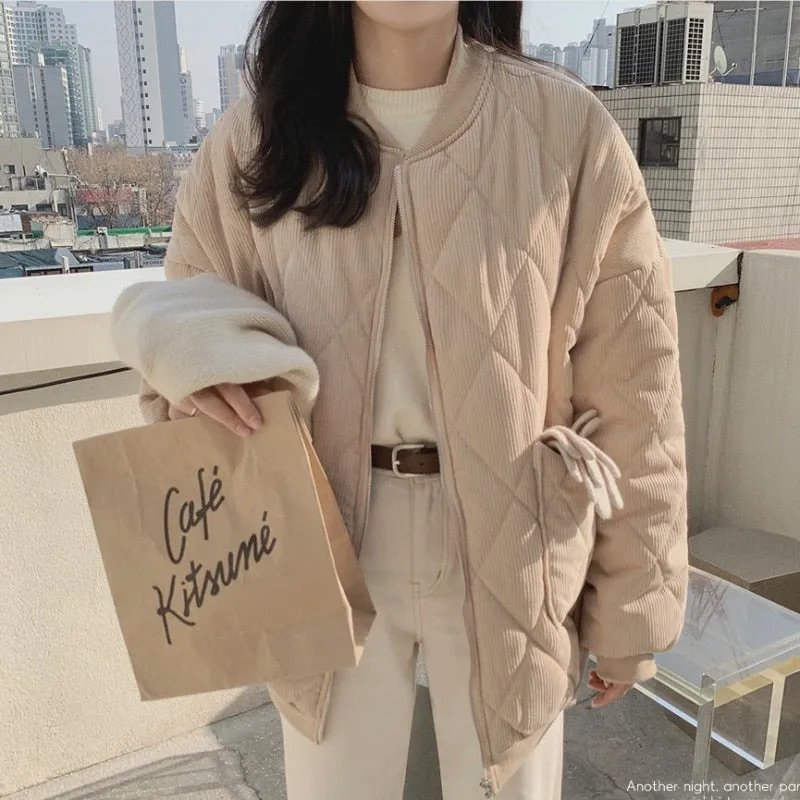 Fashionkova  Autumn Winter Korean Style Women Oversize Jackets V-Neck Puffer Corduroy Parkas Ladies Loose Warm Retro Wild Chic Coat