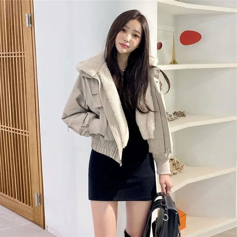 Fashionkova Lucyever Women's Fleece Winter Jackets Korean Loose Long Sleeve Hooded Short Parkas Coat Female 2023 New Chic Warm Plush Outwear