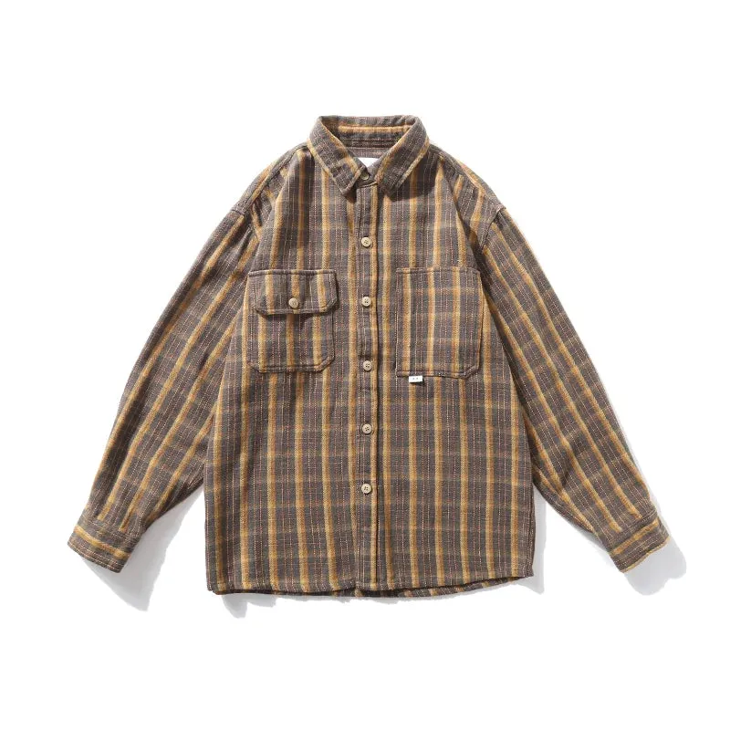 Korean Style Casual Khaki Plaid Shirt Men Clothing Coats - High Quality