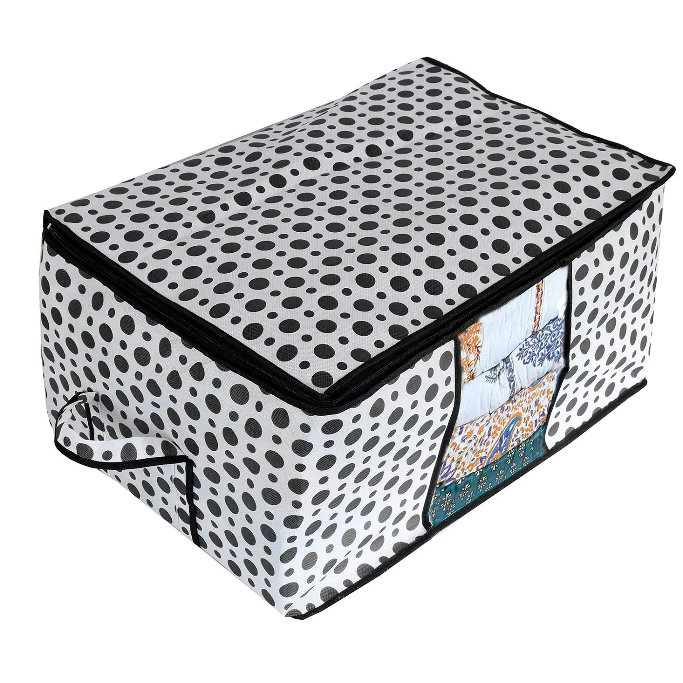 Kuber Industries Exclusive Polka Dots Design Non Woven Blanket, Cloth Underbed Storage Organiser with Transparent Window (CTLTC038109, Black and White, 31 cms) - 2 Pieces