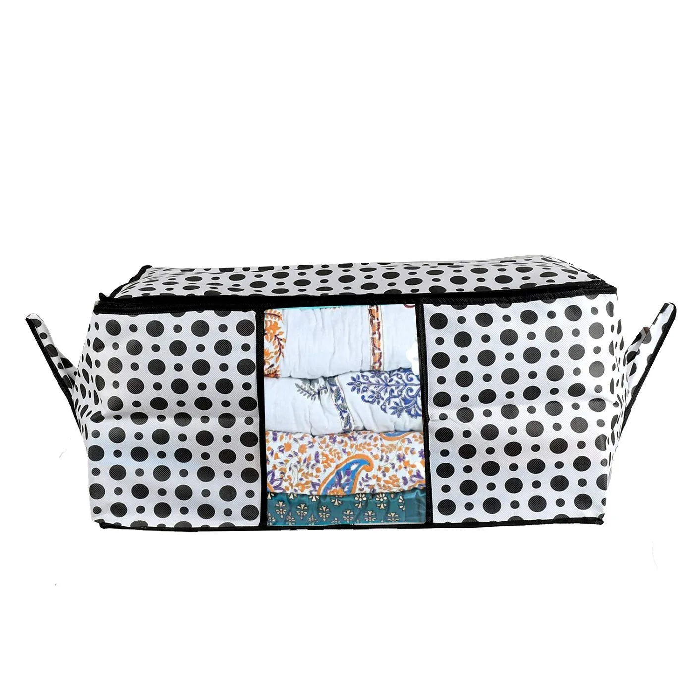 Kuber Industries Exclusive Polka Dots Design Non Woven Blanket, Cloth Underbed Storage Organiser with Transparent Window (CTLTC038109, Black and White, 31 cms) - 2 Pieces