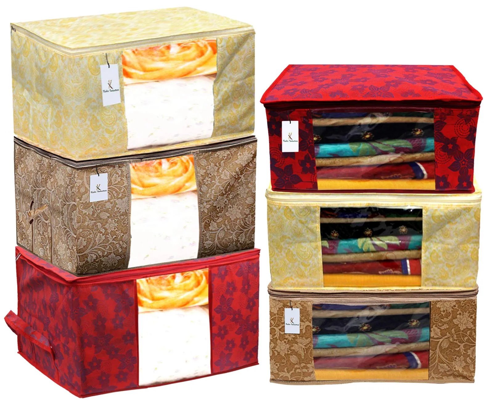 Kuber Industries Metalic Printed 3 Piece Non Woven Saree Cover and 3 Pieces Underbed Storage Bag, Storage Organiser, Blanket Cover, Gold & Red & Beige -CTKTC042404