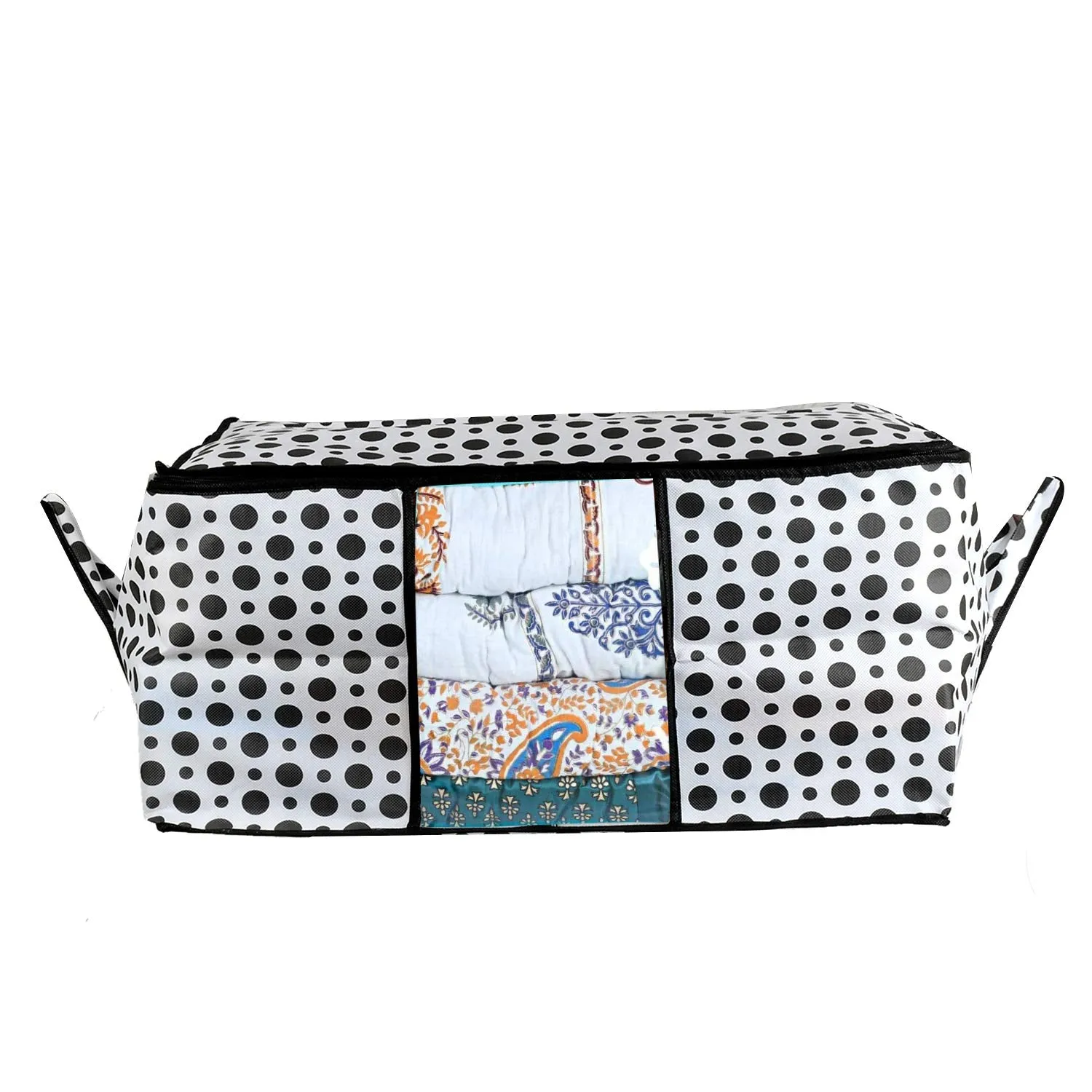 Kuber Industries Polka Dots Design Non Woven 8 Pieces Underbed Storage Bag, Cloth Organiser, Blanket Cover with Transparent Window (Black & White) -CTKTC038105