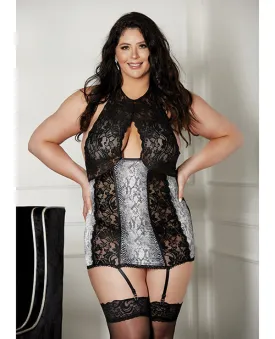 Lace Halter Neck & Snake Skin Print Gartered Chemise Black