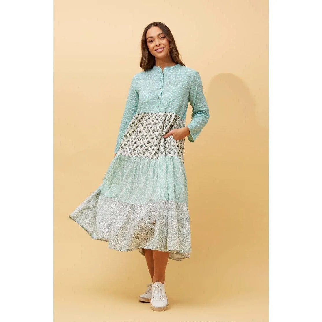 Long Sleeve Printed Tiered Dress - Mint