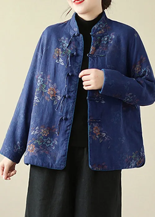 Loose Navy Stand Collar Chinese Button Cotton Filled Parkas Winter QO060