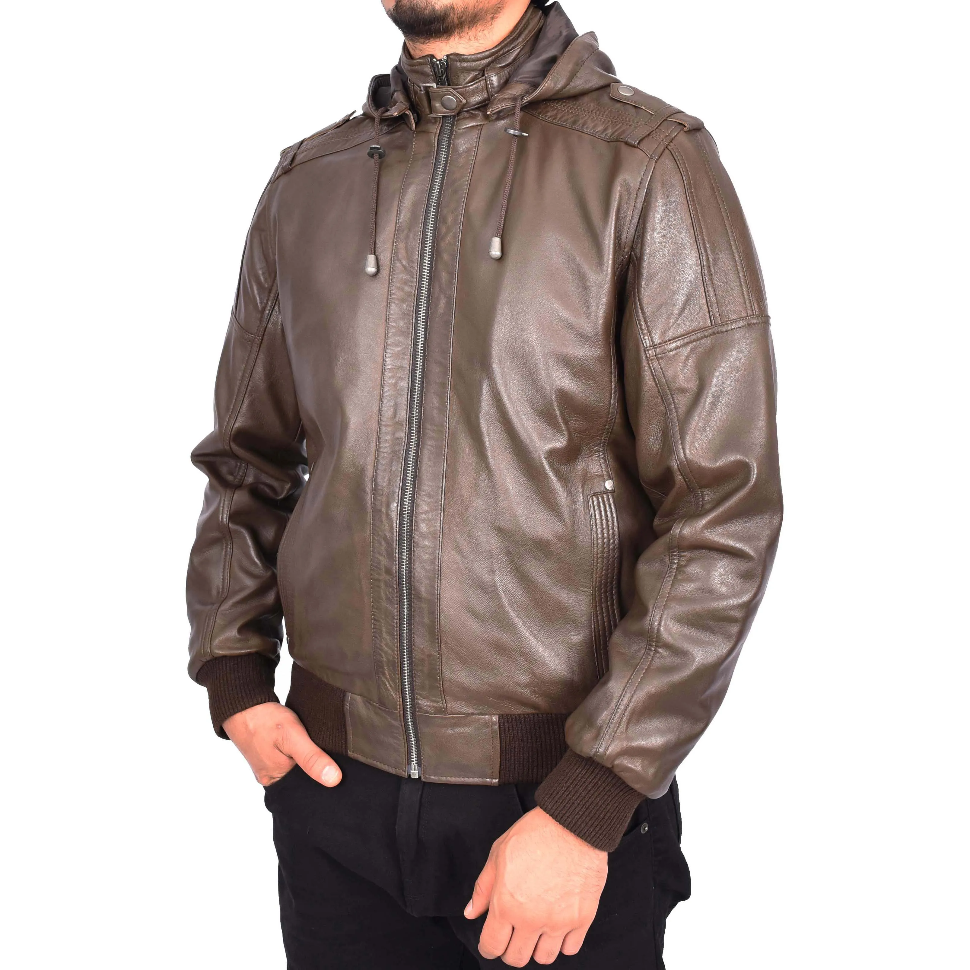 Men's Genuine Leather Bomber Jacket Trendy Removable Hood Casual Style Stevie Brown