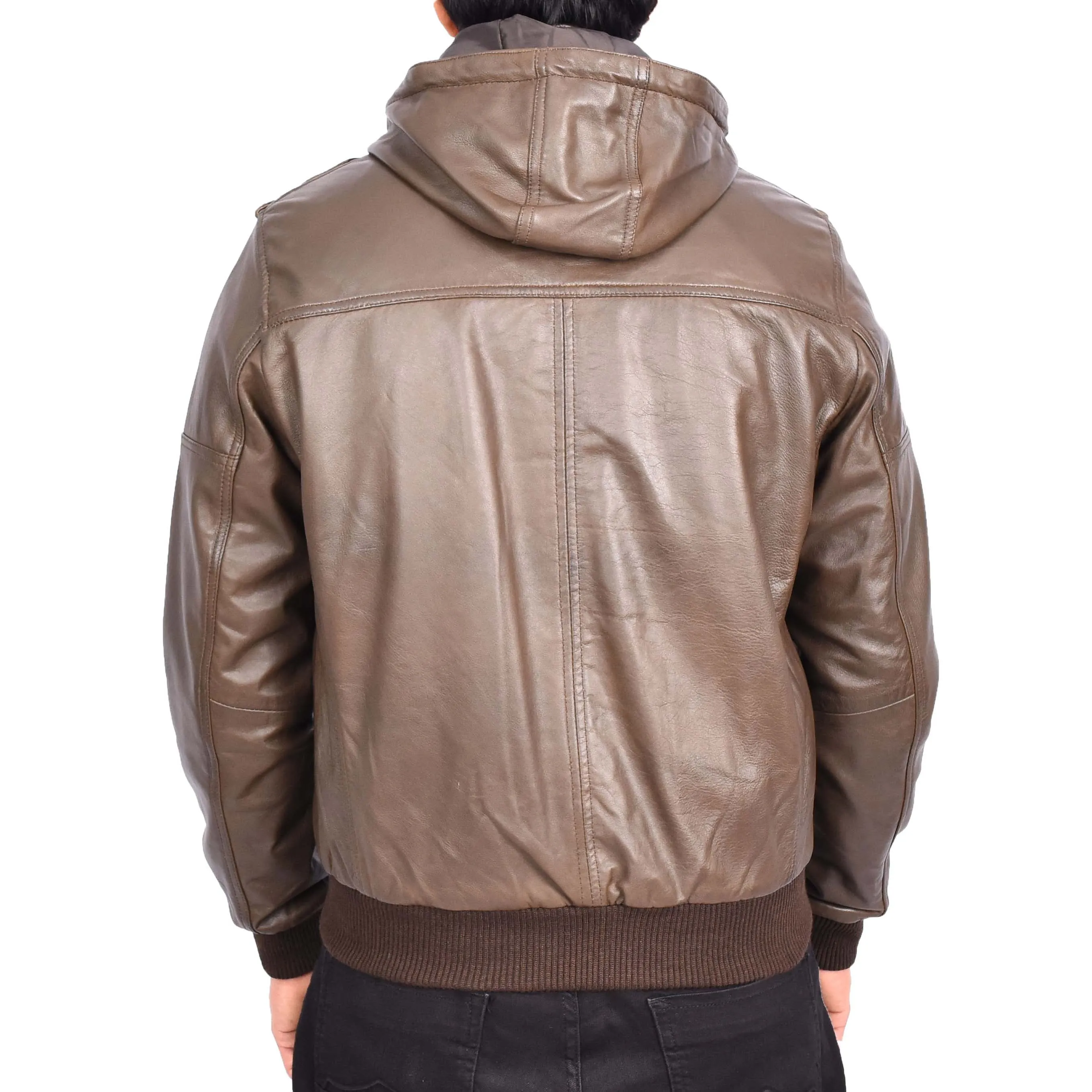 Men's Genuine Leather Bomber Jacket Trendy Removable Hood Casual Style Stevie Brown