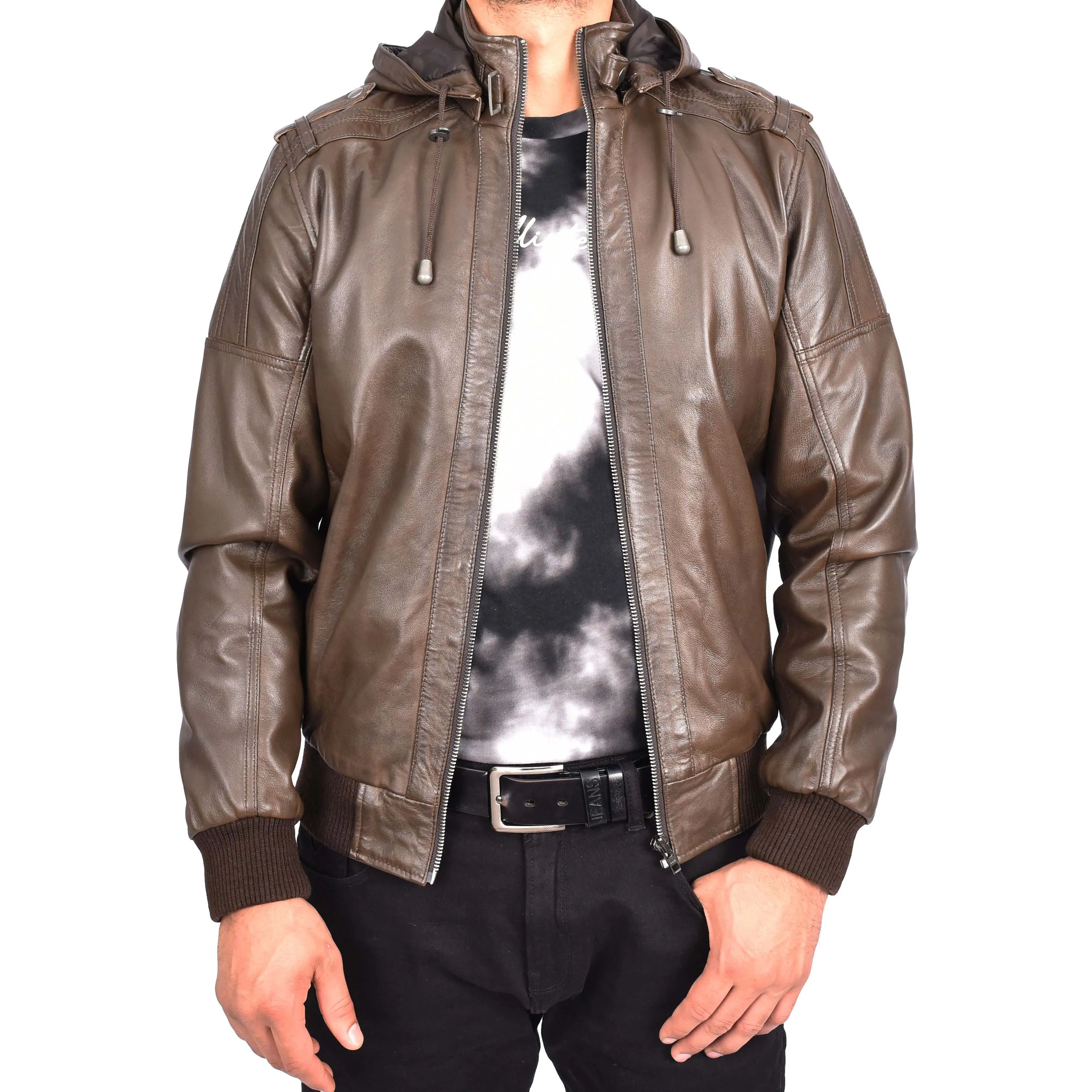 Men's Genuine Leather Bomber Jacket Trendy Removable Hood Casual Style Stevie Brown