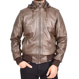 Men's Genuine Leather Bomber Jacket Trendy Removable Hood Casual Style Stevie Brown