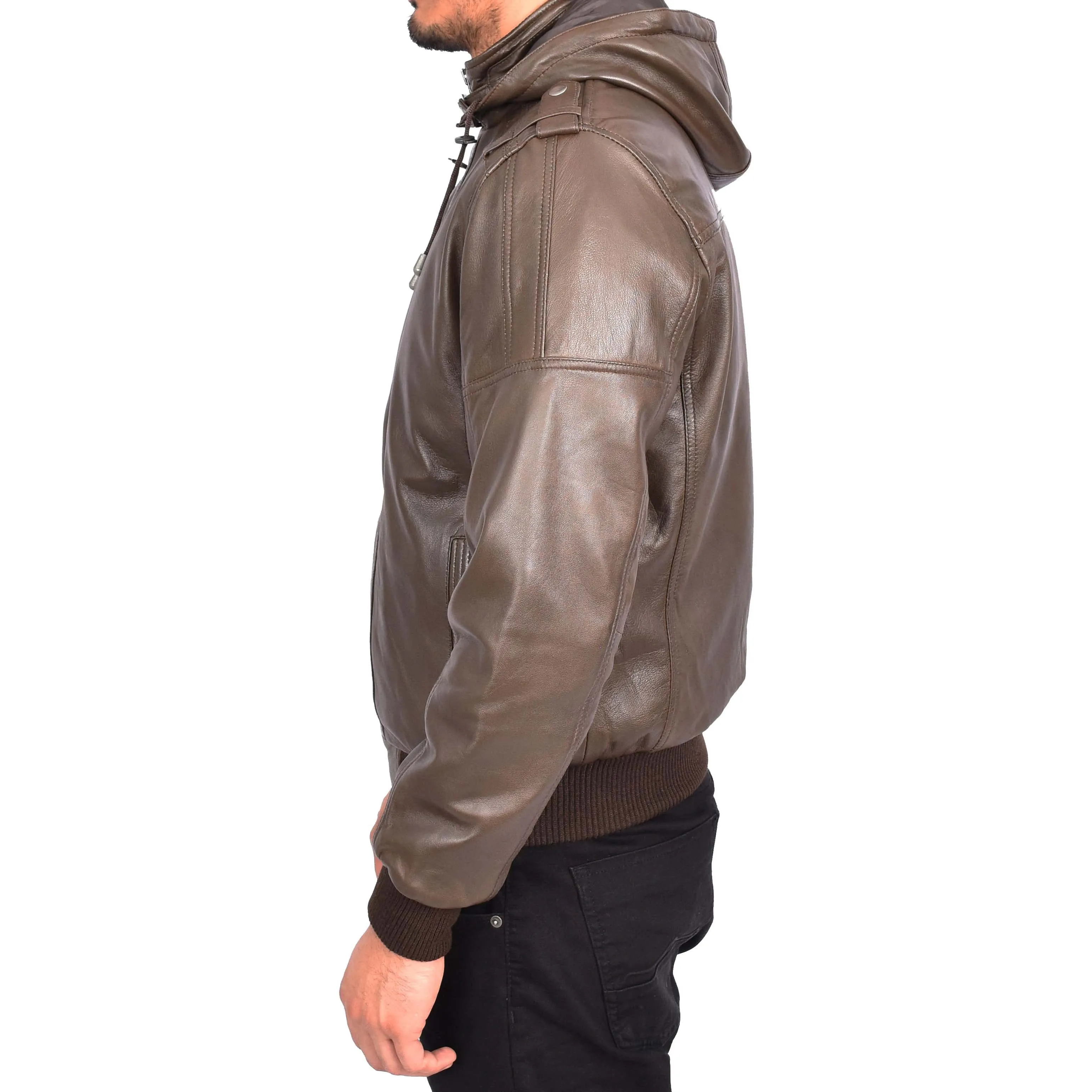 Men's Genuine Leather Bomber Jacket Trendy Removable Hood Casual Style Stevie Brown