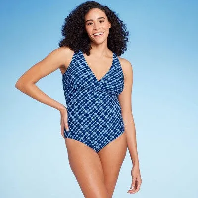 New - Lands' End Women's V-Neck One Piece Swimsuit Tummy Control Swimwear, Blue XL