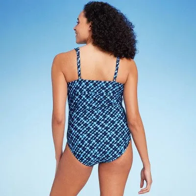 New - Lands' End Women's V-Neck One Piece Swimsuit Tummy Control Swimwear, Blue XL