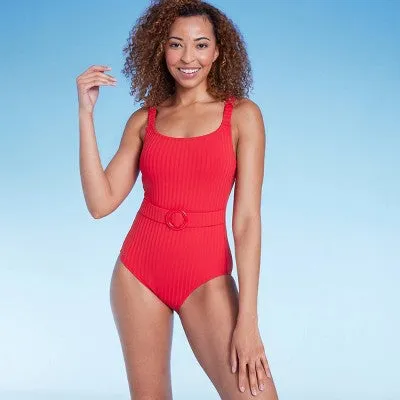 New - Women's Ribbed Front Belt Full Coverage One Piece Swimsuit - Shade & Shore Red S