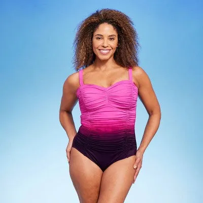 New - Women's UPF 50 Sweetheart Neck Seamed One Piece Swimsuit - Shape   Style™ by Aqua Green® Multi Pink 14