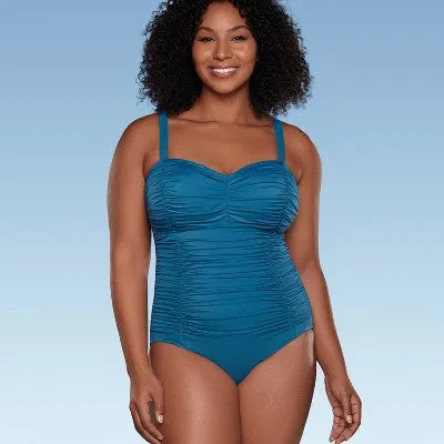 New - Women's UPF 50 Sweetheart Neckline Shirred One Piece Swimsuit - Shape   Style by Aqua Green® Dark Teal Green 12