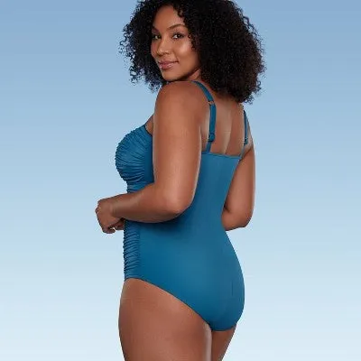 New - Women's UPF 50 Sweetheart Neckline Shirred One Piece Swimsuit - Shape   Style by Aqua Green® Dark Teal Green 12