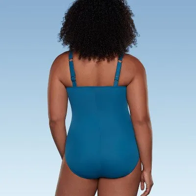 New - Women's UPF 50 Sweetheart Neckline Shirred One Piece Swimsuit - Shape   Style by Aqua Green® Dark Teal Green 12