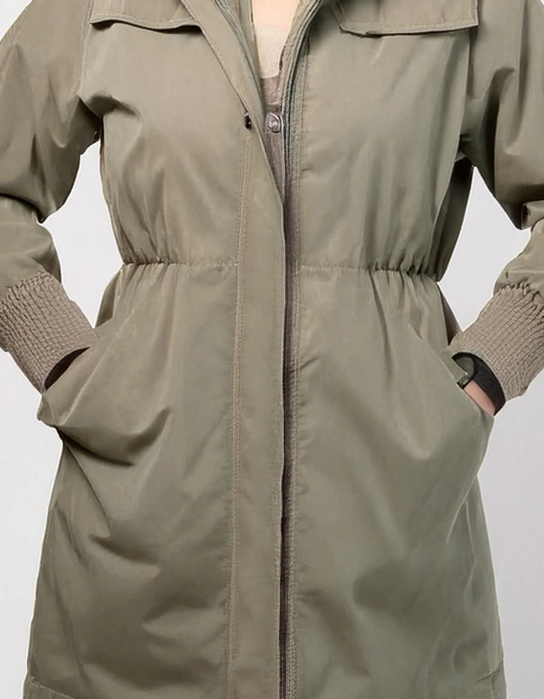 Olive Green Quilted Parka with Adjustable Waist