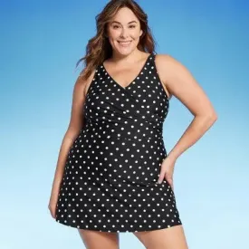 Open Box - Lands' End Women's UPF 50 Tummy Control Polka Dot Surplice Swim Dress - Black 2X