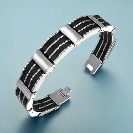 Stainless Steel Men's Bracelet with Black Rubber Tracks – Stylish & Durable