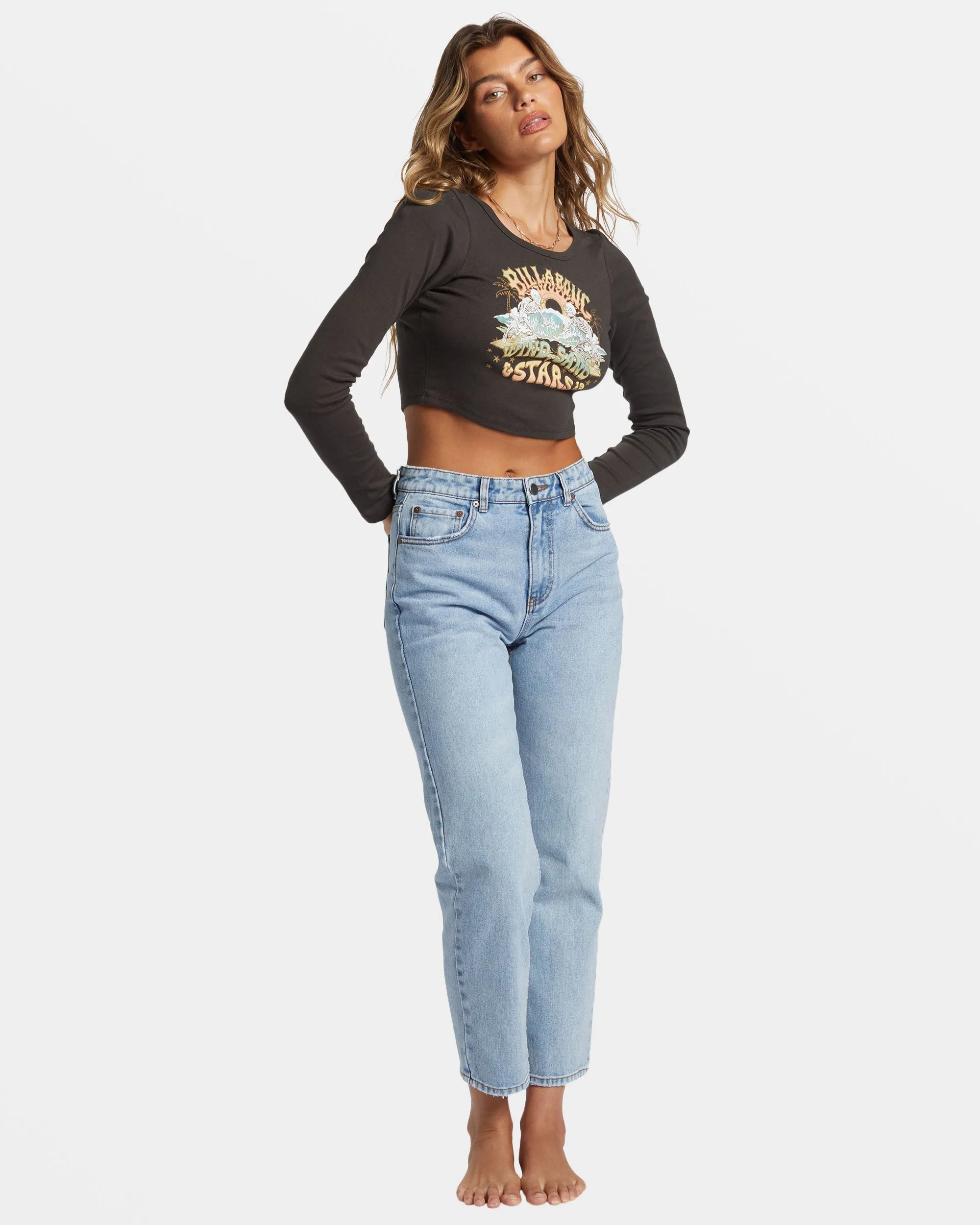 Stars In Your Eyes Long Sleeve Cropped T-shirt - Off Black