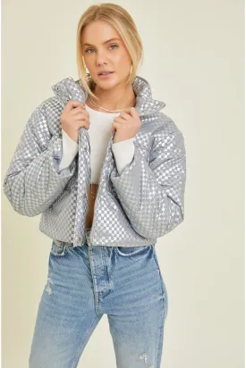 The Teddy Puff Jacket in Checkered Silver Grey