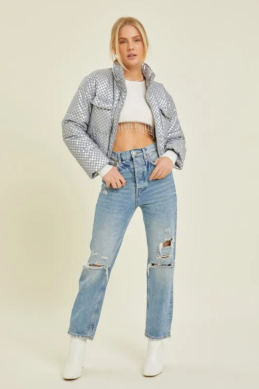 The Teddy Puff Jacket in Checkered Silver Grey