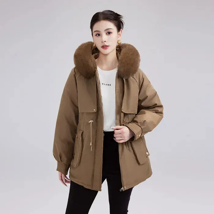 Winter New Fleece-lined Cotton Coat Women's Petite Waist-fitted Thickened Warm Big Collar Jacket Trendy Parkas